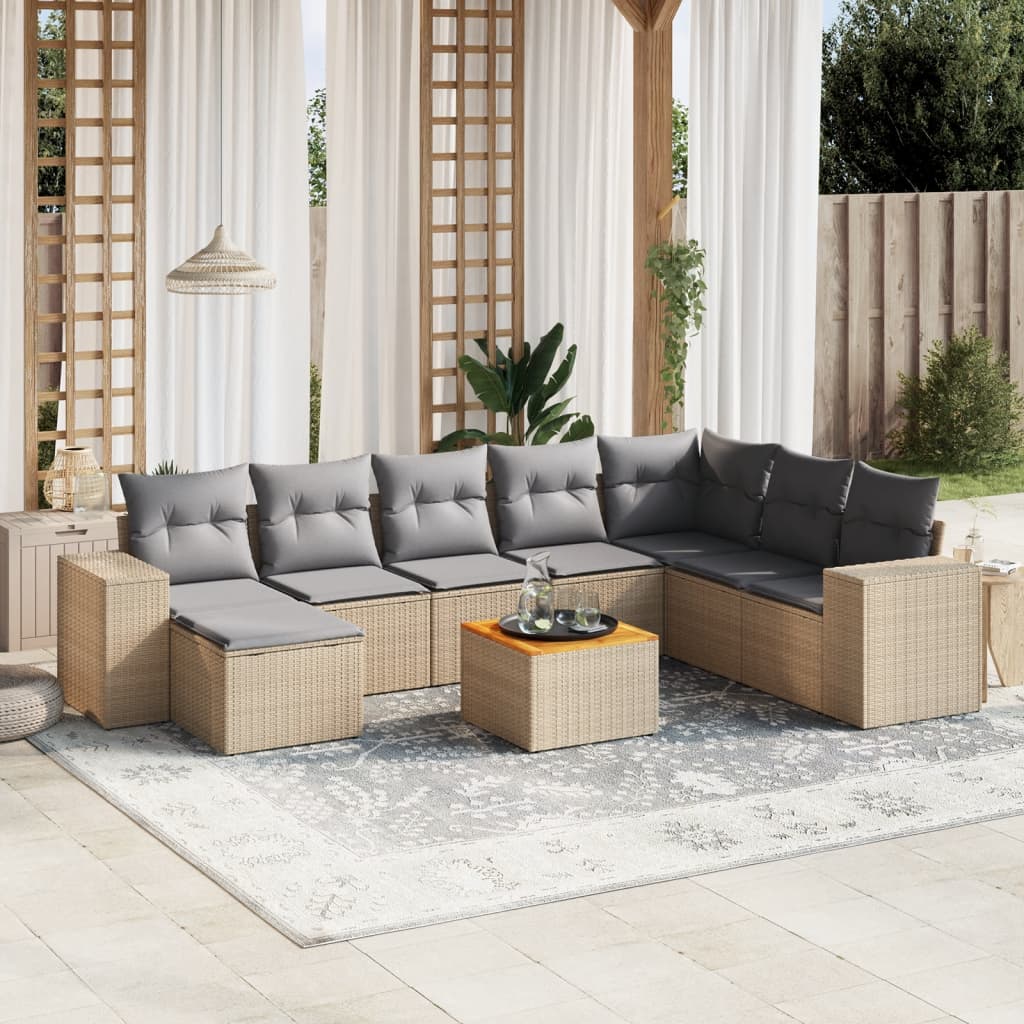 Set Divano da Giardino 9 pz con Cuscini Beige in Polyrattan - homemem39