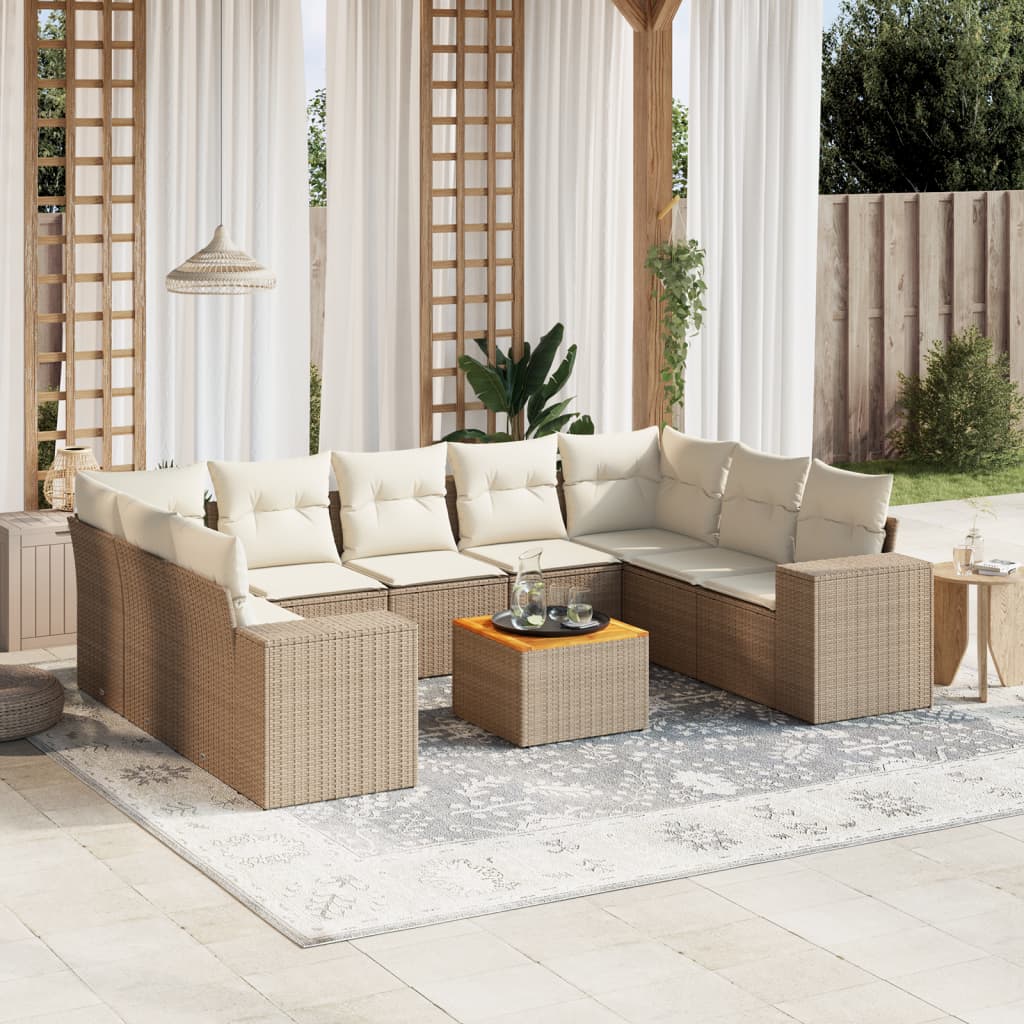 Set Divano da Giardino 10 pz con Cuscini Beige in Polyrattan - homemem39