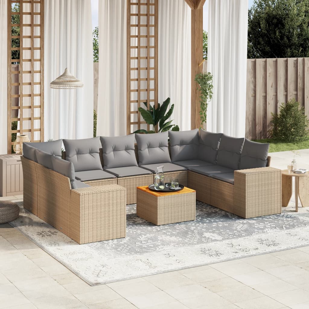 Set Divano da Giardino 10 pz con Cuscini Beige in Polyrattan - homemem39
