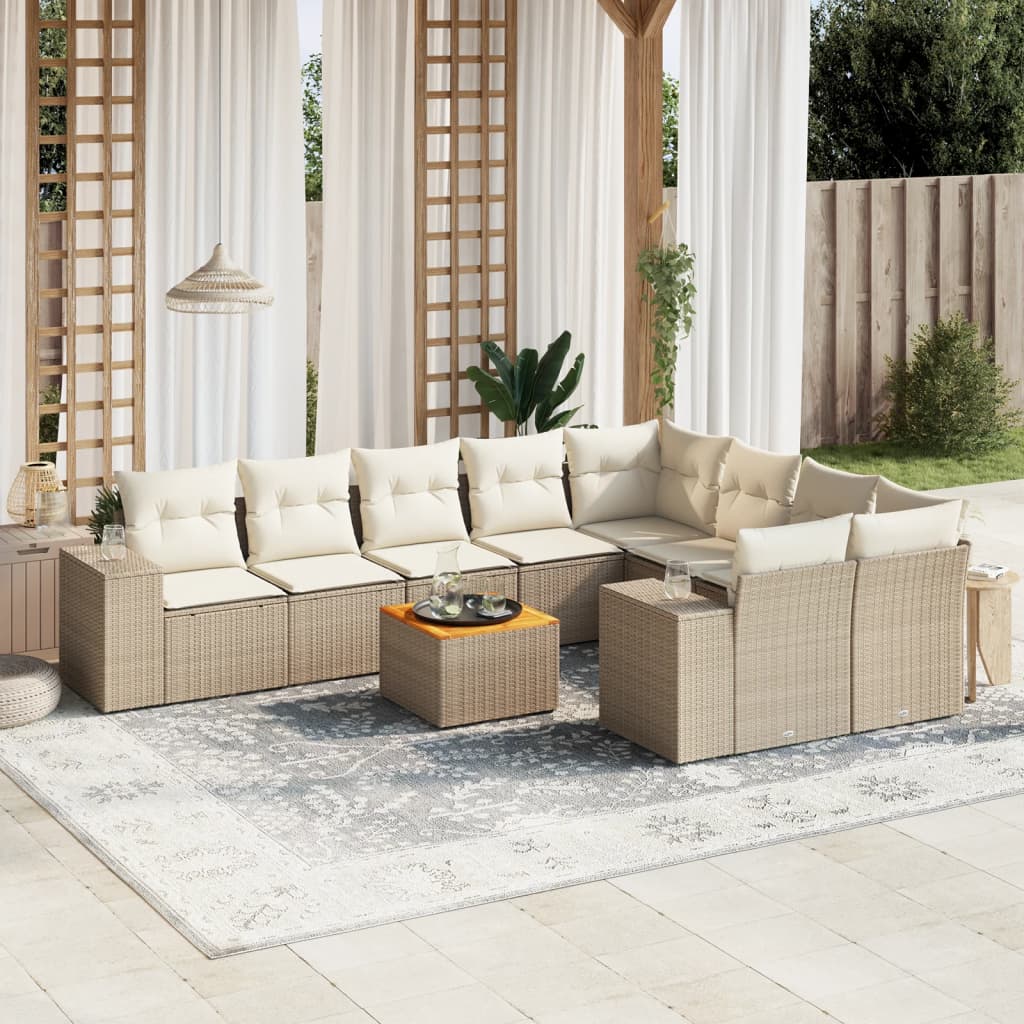 Set Divano da Giardino 10 pz con Cuscini Beige in Polyrattan - homemem39