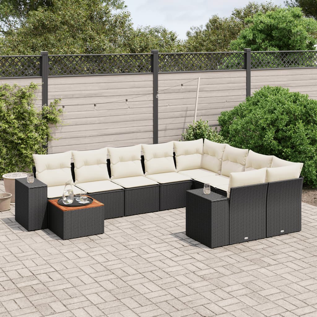 Set Divani da Giardino 10pz con Cuscini in Polyrattan Nero