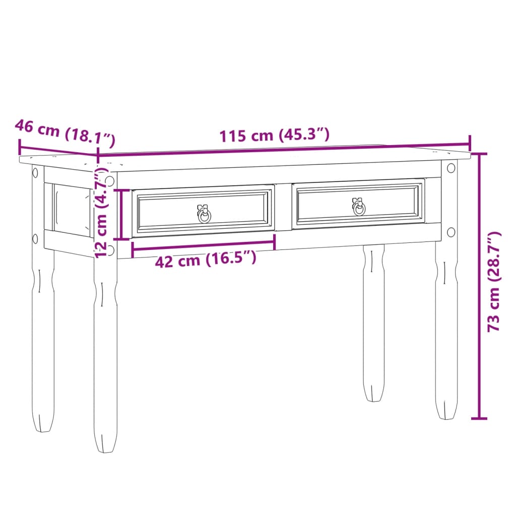 Tavolino Consolle Corona 115x46x73 cm in Legno Massello di Pino - homemem39