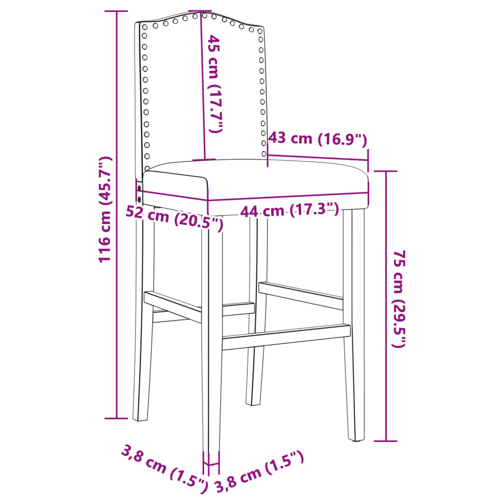 Sedie da Bar 2 pz in Legno Massello di Hevea e Tessuto - homemem39