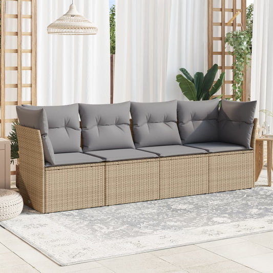 Set Divano da Giardino 4 pz con Cuscini Beige in Polyrattan