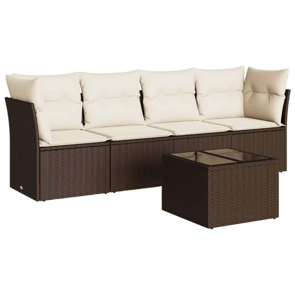 Set Divano da Giardino 5 pz con Cuscini Marrone in Polyrattan - homemem39