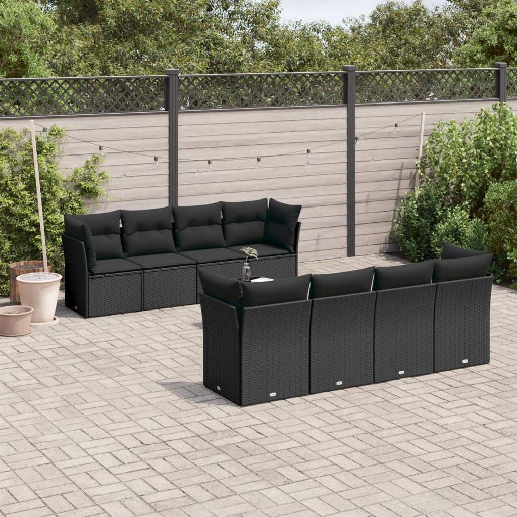Set Divani da Giardino 9 pz con Cuscini Nero in Polyrattan - homemem39