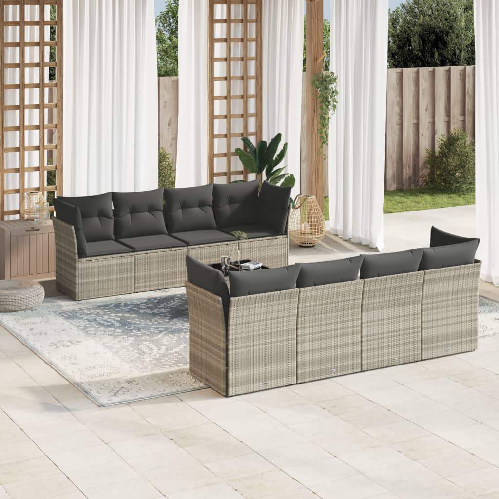 Set Divano da Giardino 9pz con Cuscini Grigio Chiaro Polyrattan - homemem39