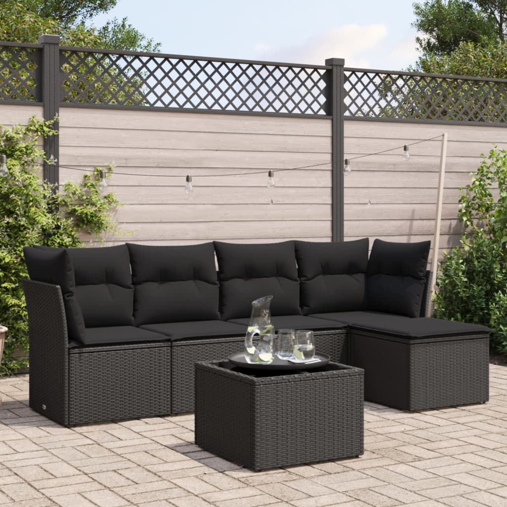 Set Divano da Giardino 6 pz con Cuscini Nero in Polyrattan | homemem39