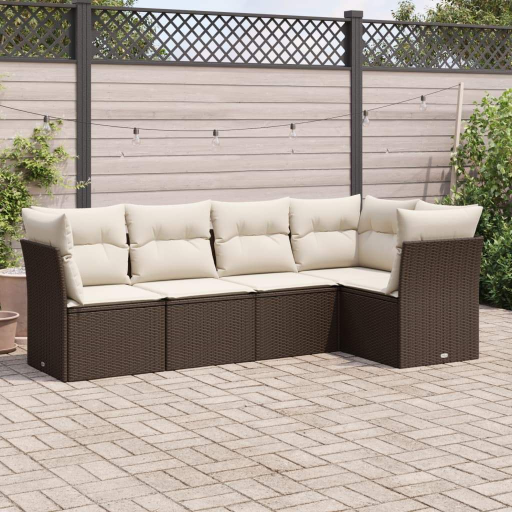 Set Divano da Giardino 5 pz con Cuscini Marrone in Polyrattan - homemem39