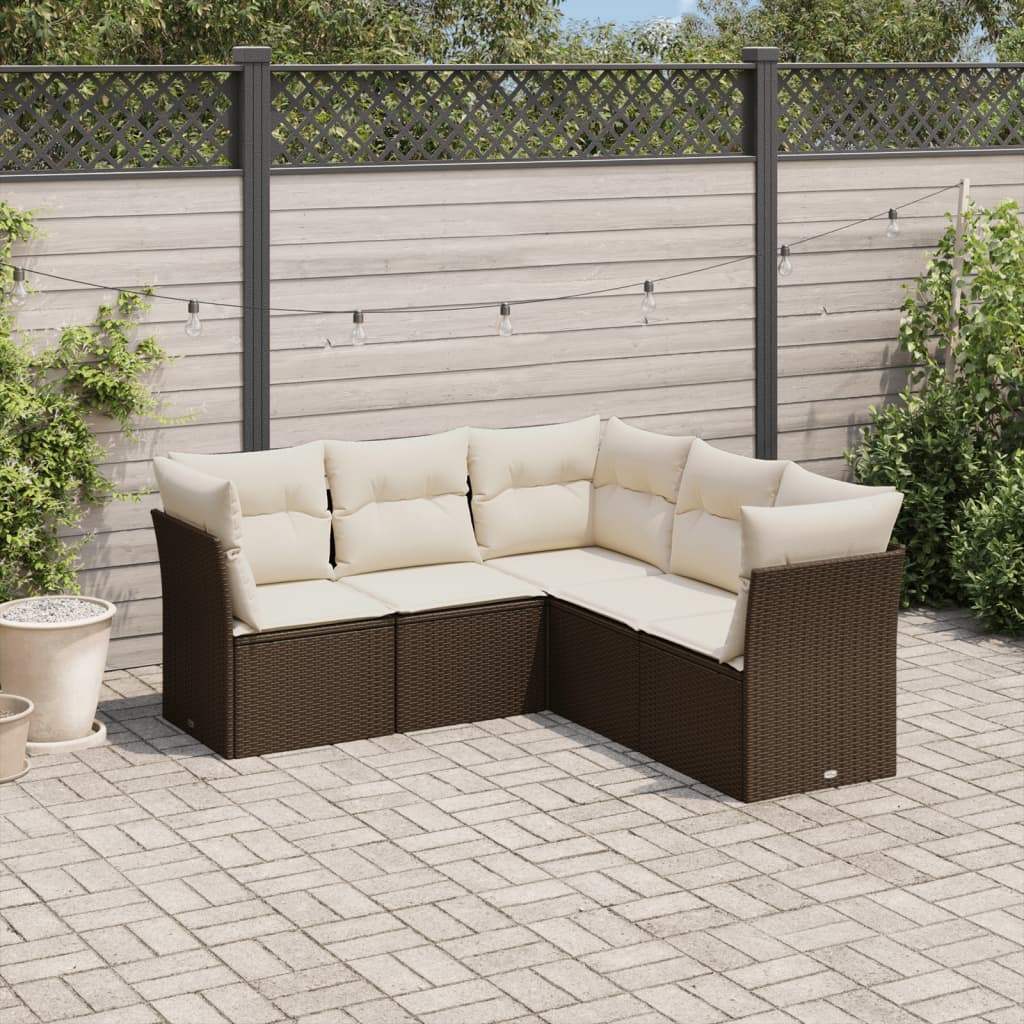 Set Divano da Giardino 5 pz con Cuscini Marrone in Polyrattan - homemem39