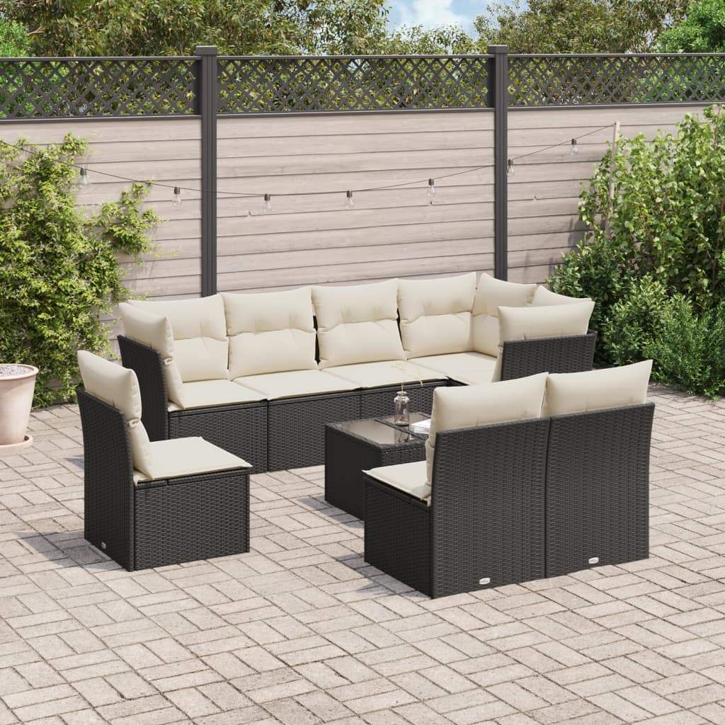 Set Divani da Giardino 9 pz con Cuscini Nero in Polyrattan - homemem39