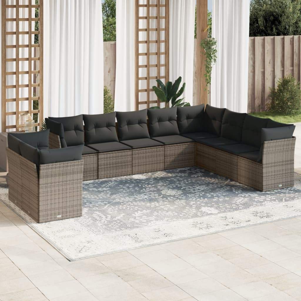 Set Divano da Giardino 10 pz con Cuscini Grigio in Polyrattan - homemem39