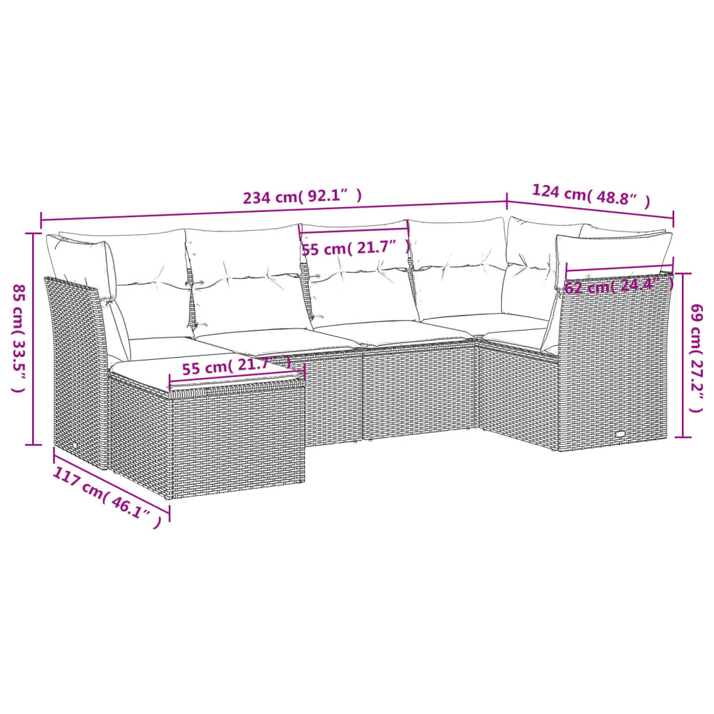 Set Divano da Giardino 6 pz con Cuscini Nero in Polyrattan | homemem39