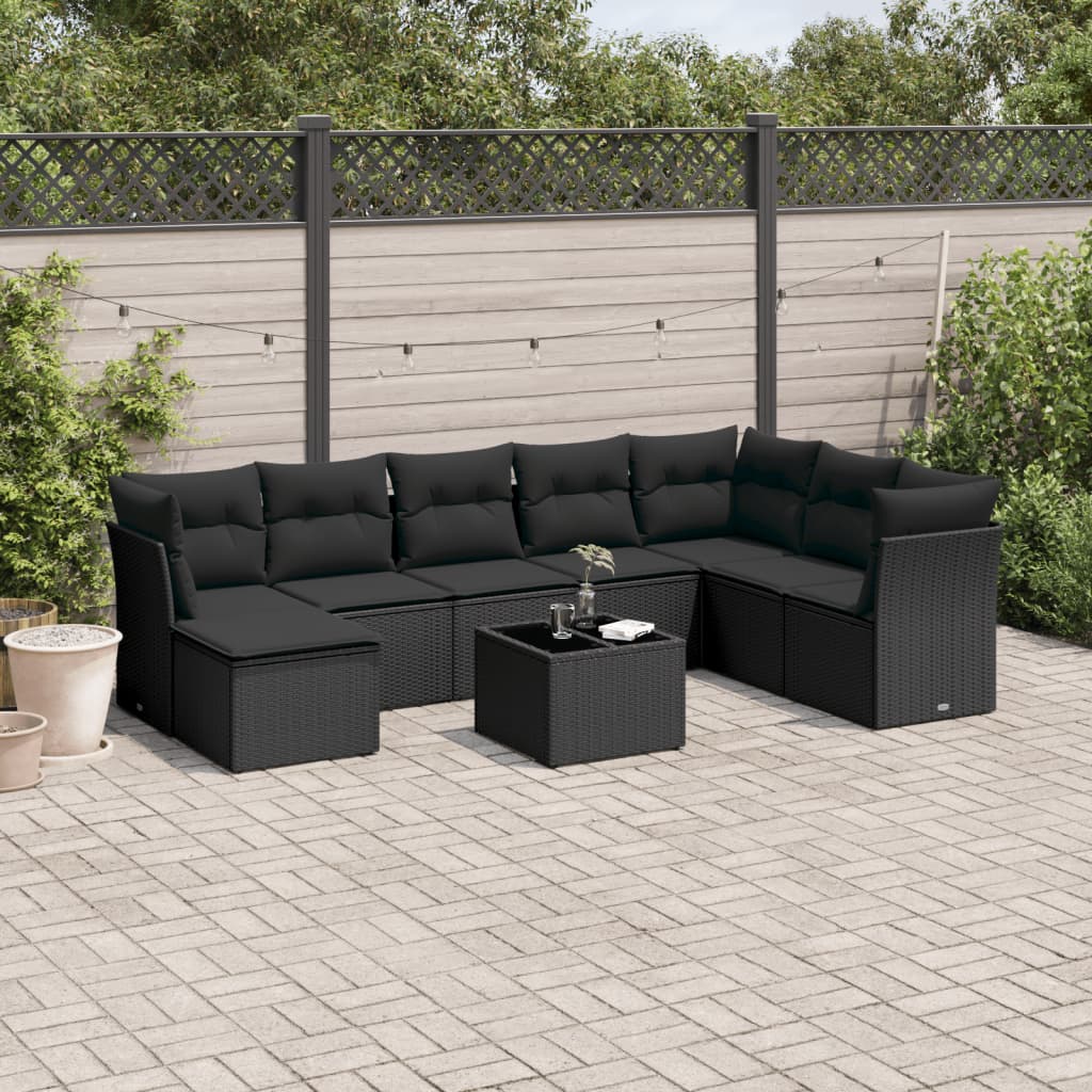 Set Divani da Giardino 9 pz con Cuscini Nero in Polyrattan | homemem39