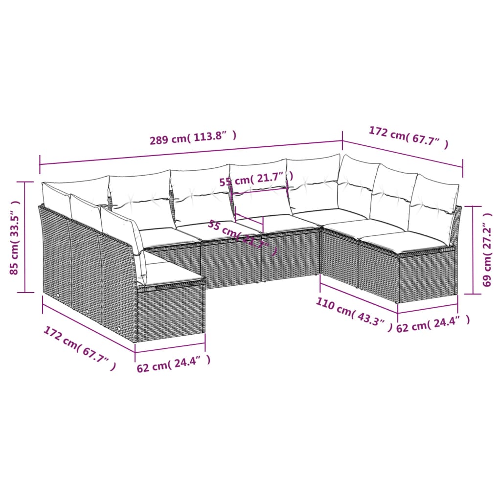 Set Divano da Giardino 9 pz con Cuscini Grigio in Polyrattan | homemem39