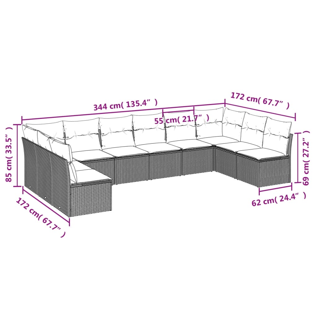 Set Divano da Giardino 10 pz con Cuscini Beige in Polyrattan | homemem39