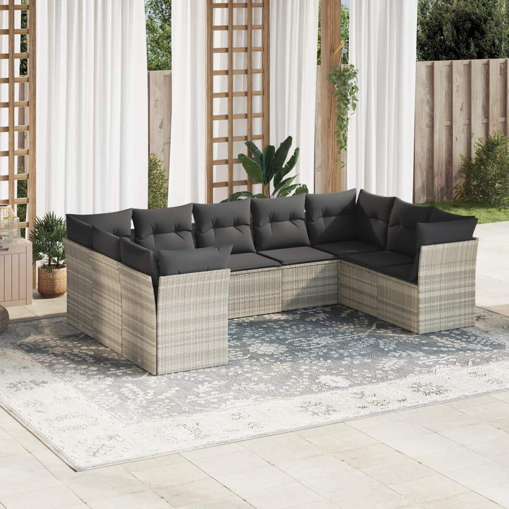 Set Divano da Giardino 9pz con Cuscini Grigio Chiaro Polyrattan - homemem39