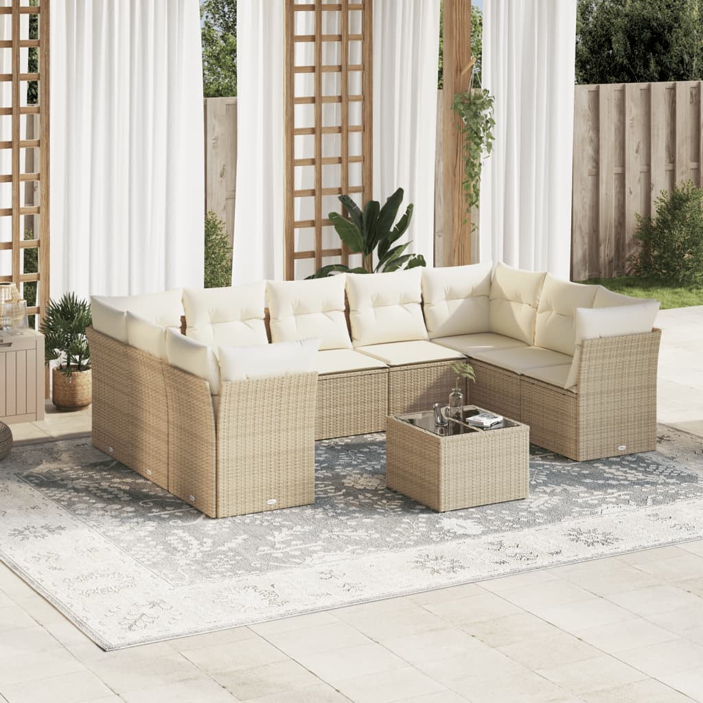 Set Divano da Giardino 10 pz con Cuscini Beige in Polyrattan | homemem39