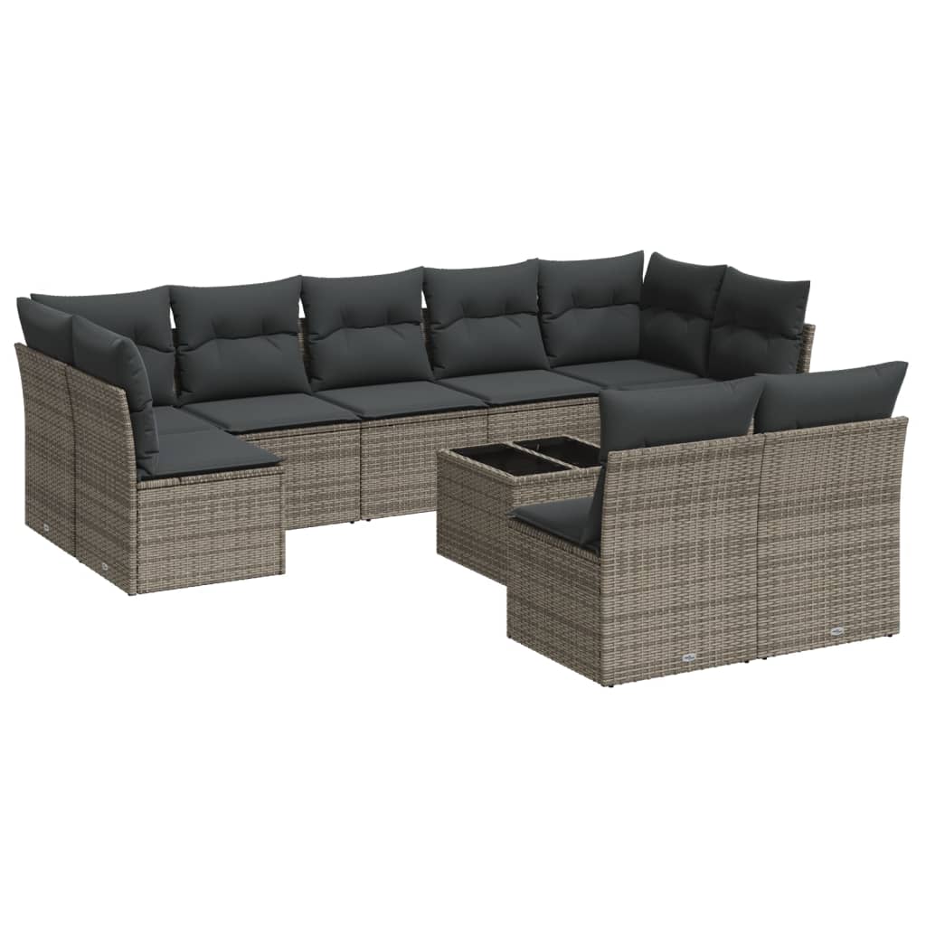 Set Divano da Giardino 10 pz con Cuscini Grigio in Polyrattan