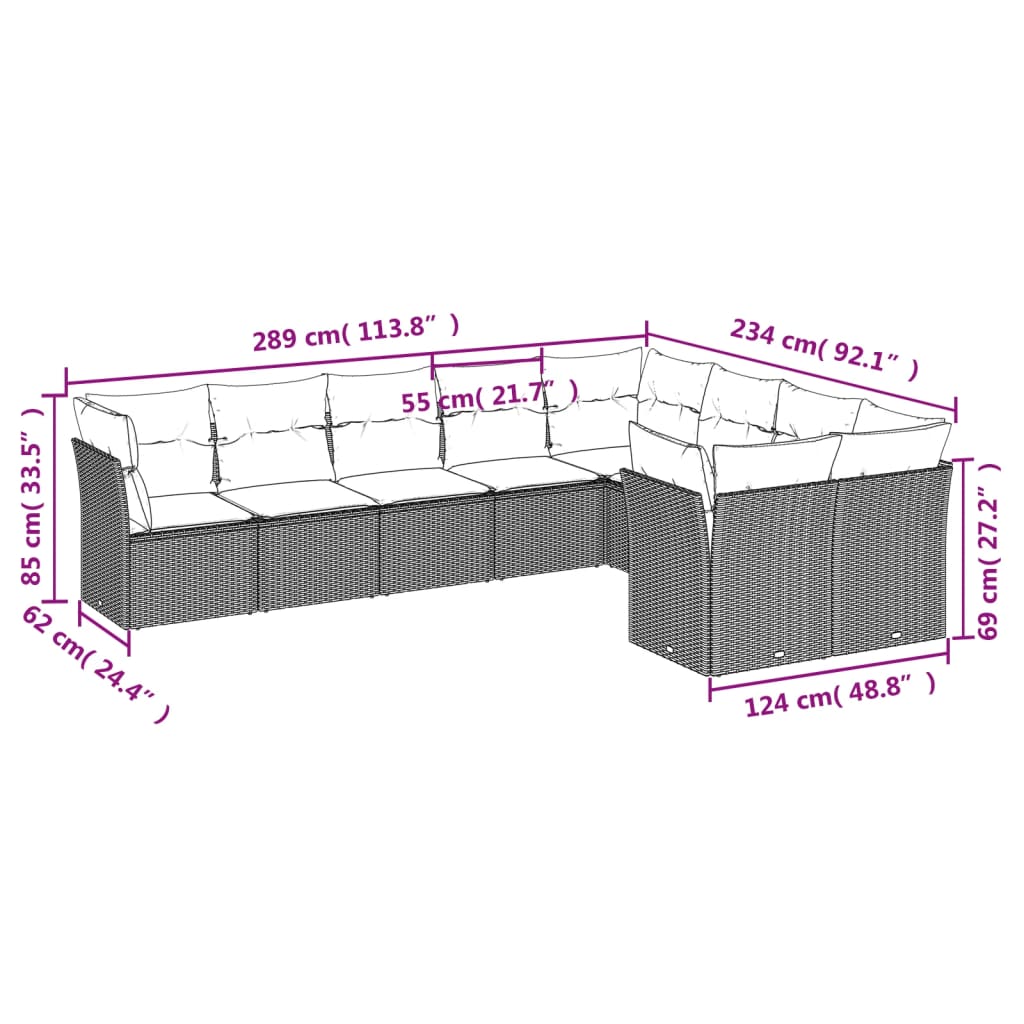 Set Divani da Giardino 9 pz con Cuscini Nero in Polyrattan | homemem39