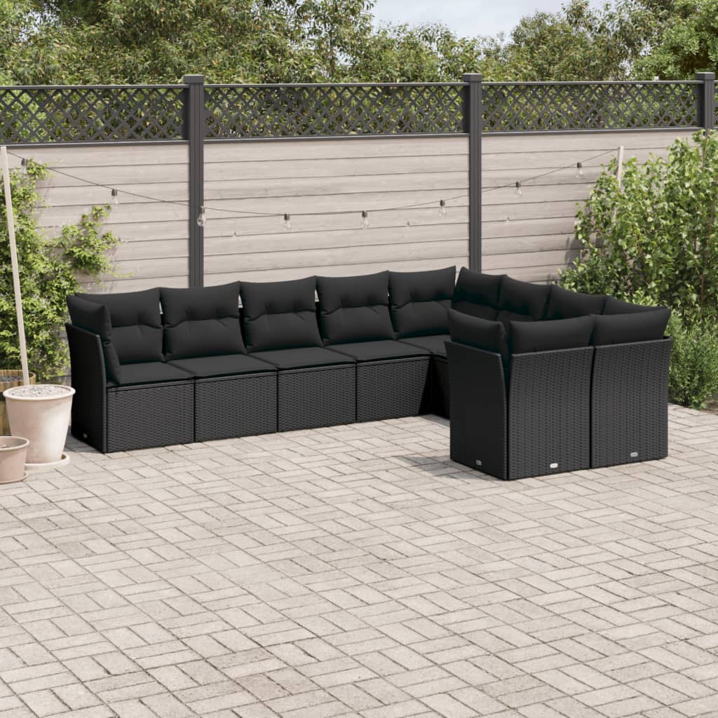 Set Divani da Giardino 9 pz con Cuscini Nero in Polyrattan | homemem39