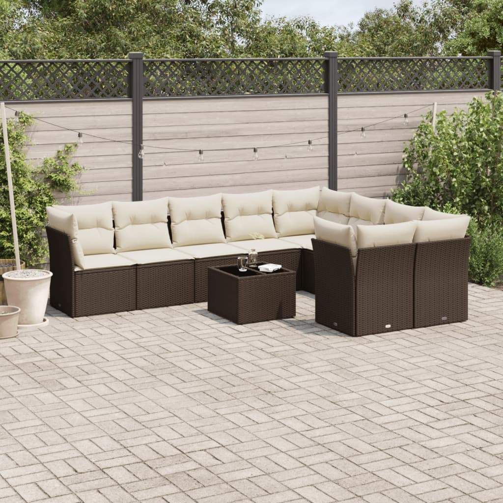 Set Divani da Giardino 10pz con Cuscini in Polyrattan Marrone - homemem39