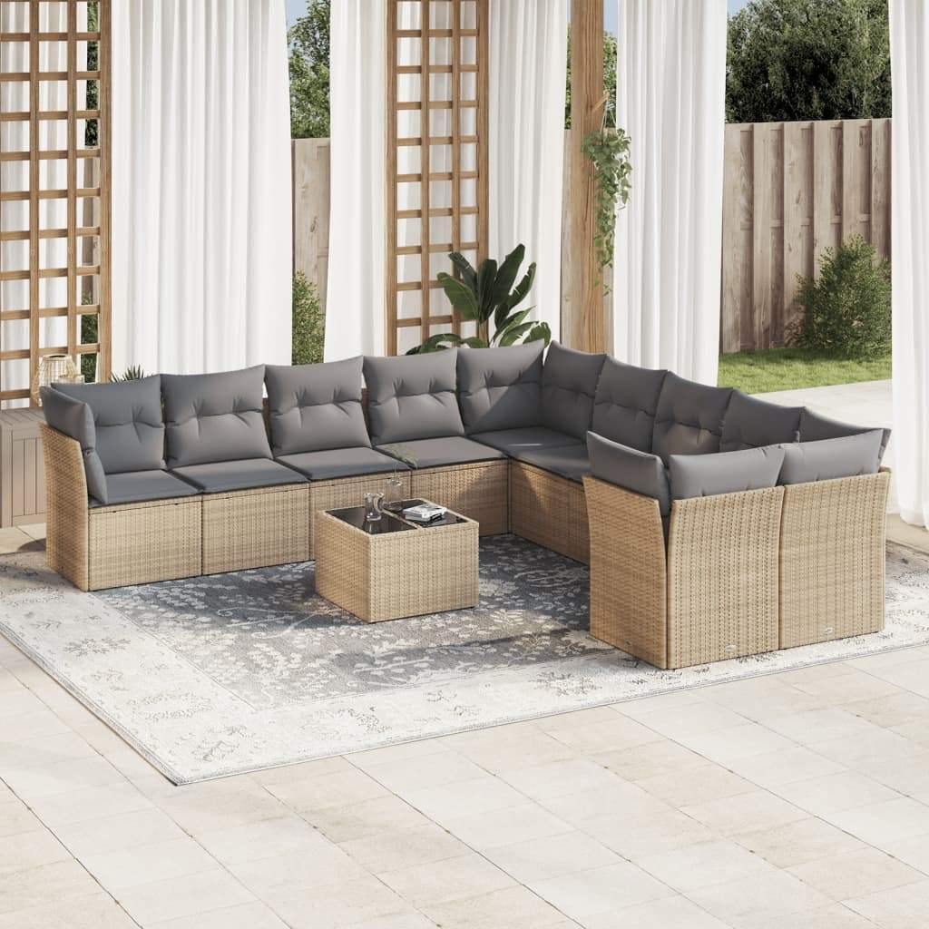 Set Divani da Giardino 11 pz con Cuscini Beige in Polyrattan - homemem39