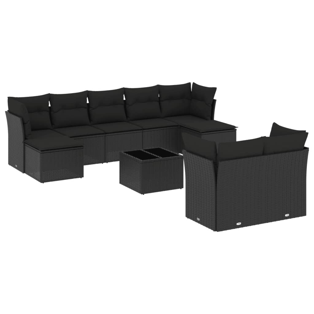 Set Divani da Giardino 10pz con Cuscini in Polyrattan Nero