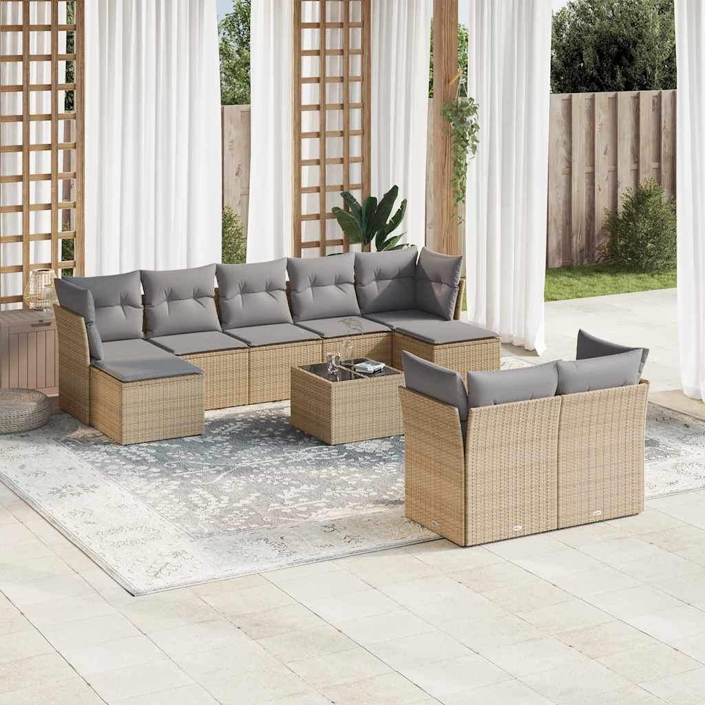 Set Divano da Giardino 10 pz con Cuscini Beige in Polyrattan - homemem39