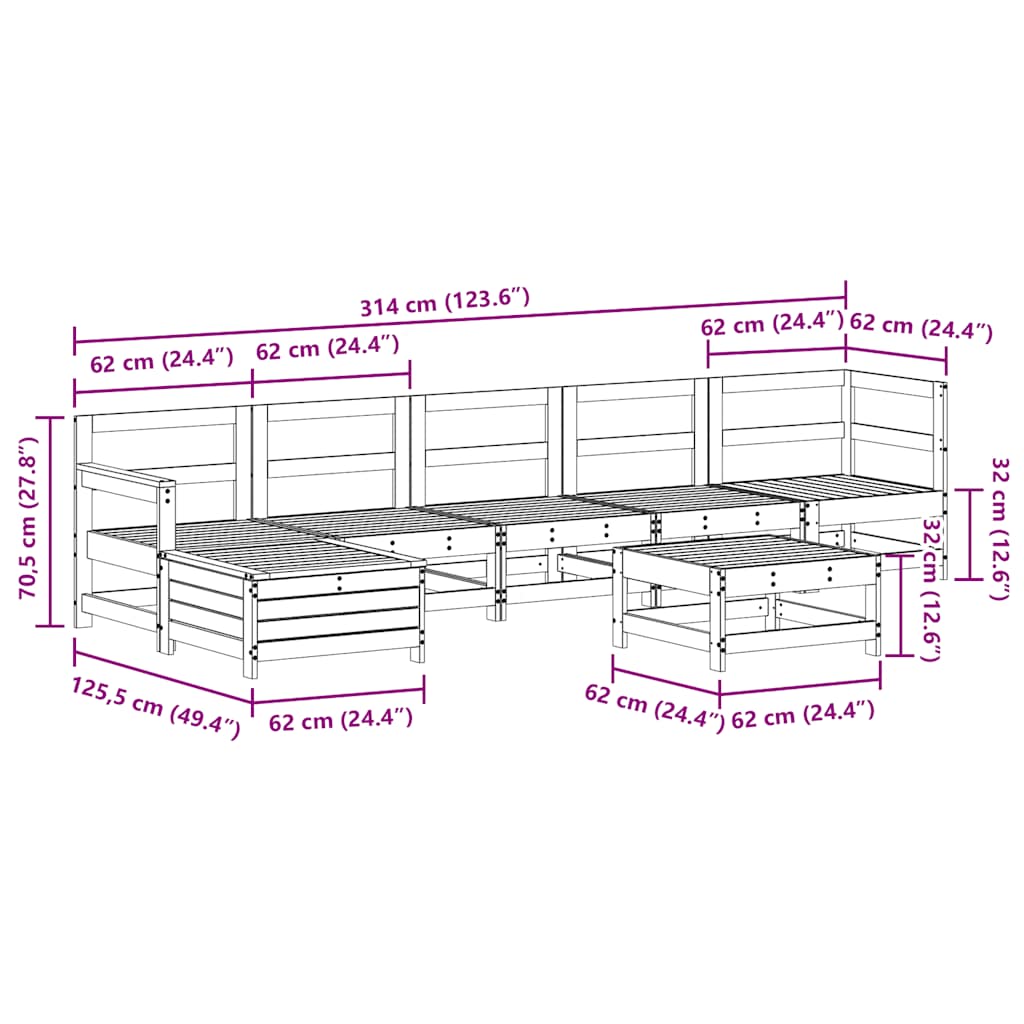 Set Salotto da Giardino 7 pz Bianco in Legno Massello di Pino