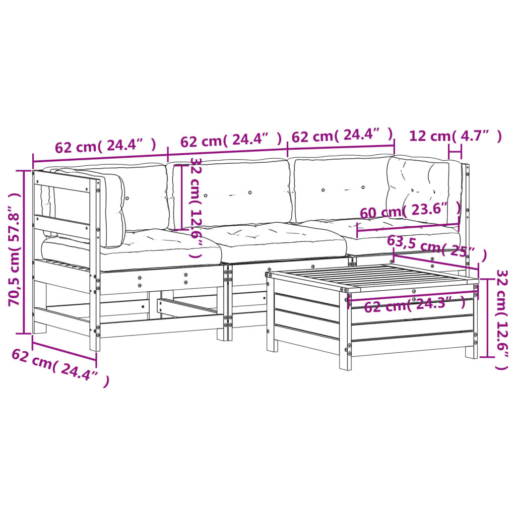 Set Divani da Giardino 4 pz con Cuscini Legno Massello di Pino | homemem39