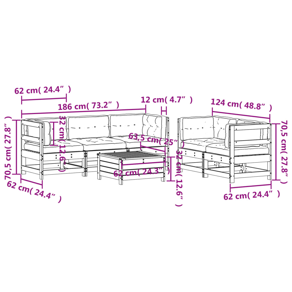 Set Divani Giardino 6 pz con Cuscini in Legno Massello di Pino | homemem39