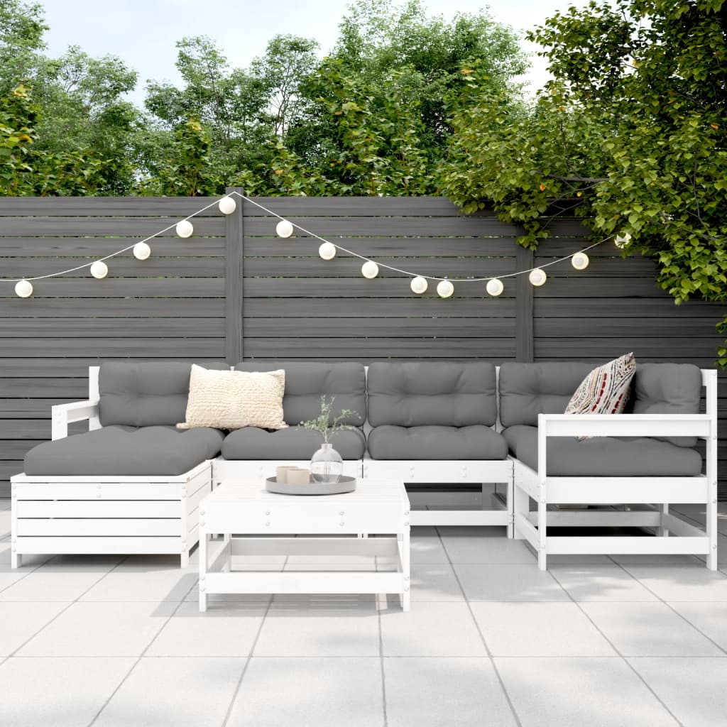 Set Divani da Giardino 7 pz Bianco in Legno Massello di Pino