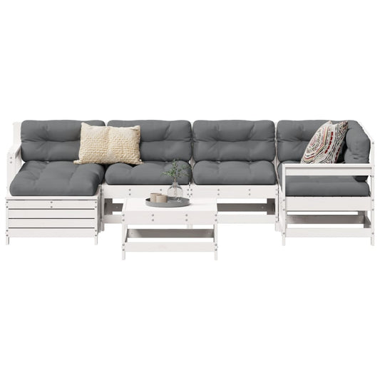 Set Divani da Giardino 7 pz Bianco in Legno Massello di Pino
