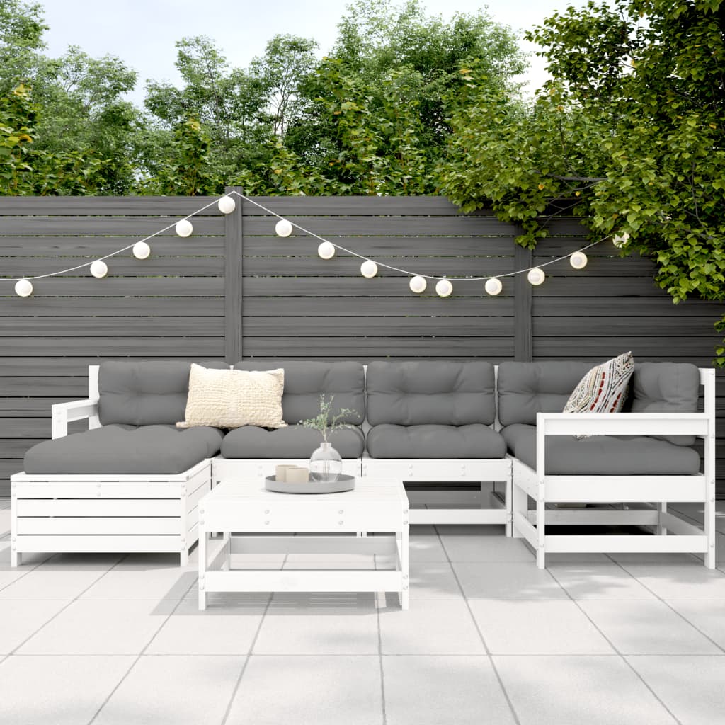 Set Divani da Giardino 7 pz Bianco in Legno Massello di Pino