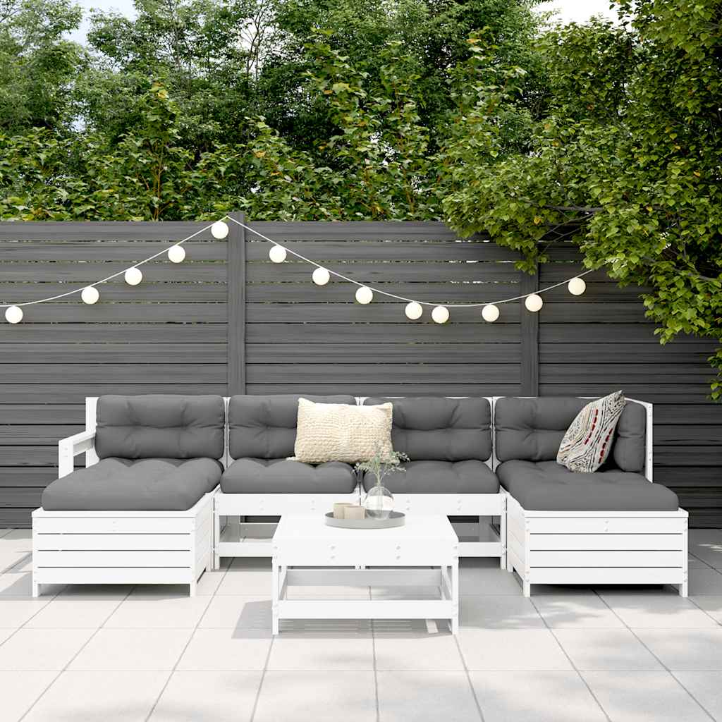 Set Divani da Giardino 7 pz Bianco in Legno Massello di Pino