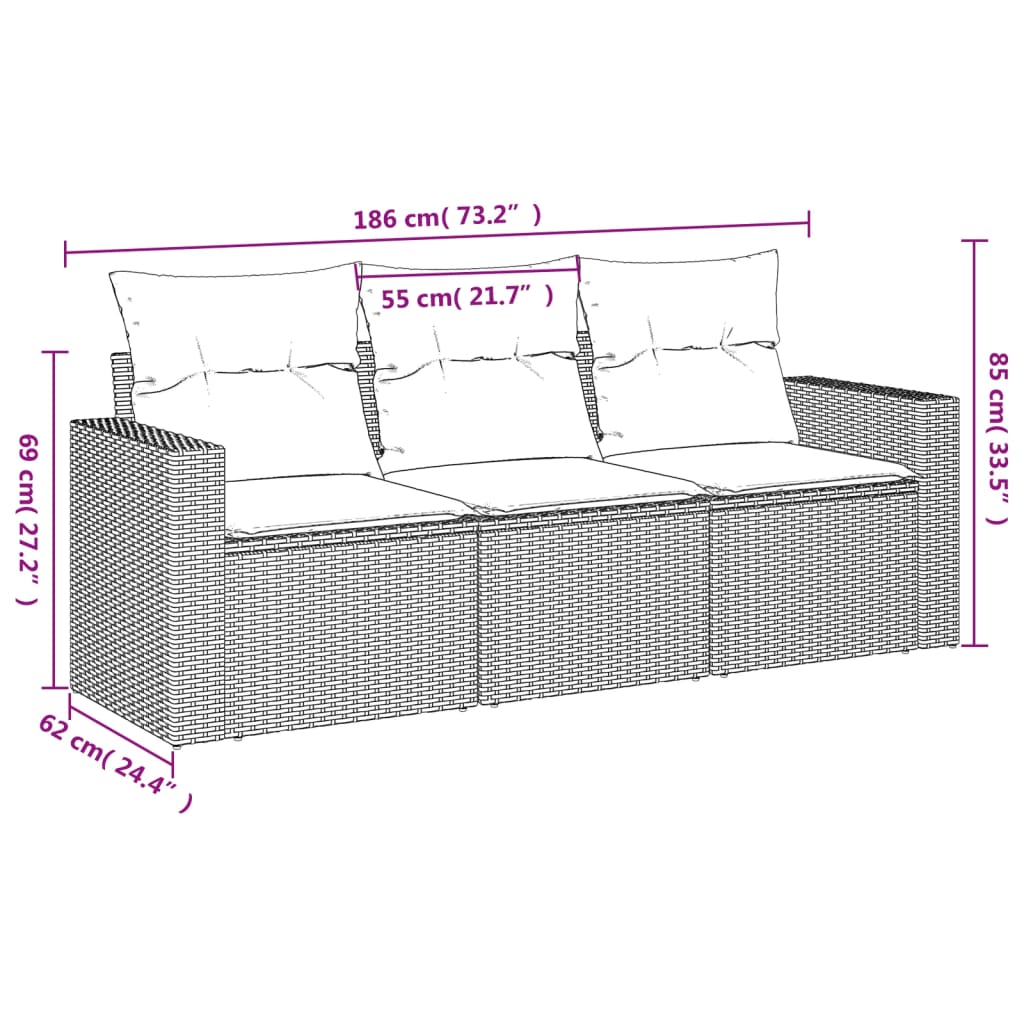 Set Divano da Giardino 3 pz con Cuscini Marrone in Polyrattan