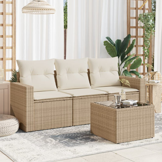 Set Divano da Giardino 4 pz con Cuscini Beige in Polyrattan