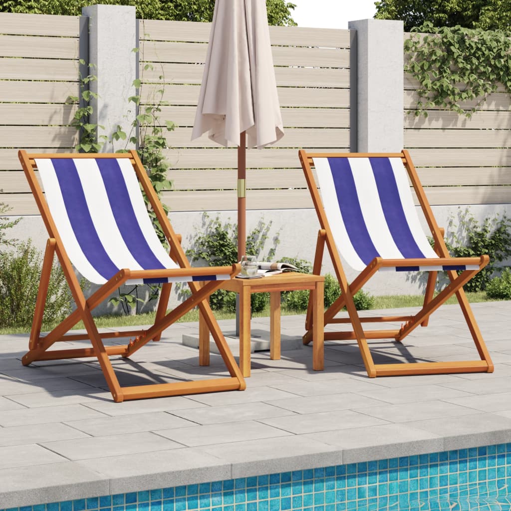 Sedie da Spiaggia Pieghevoli 2 pz Blu e Bianco Tessuto e Legno | homemem39