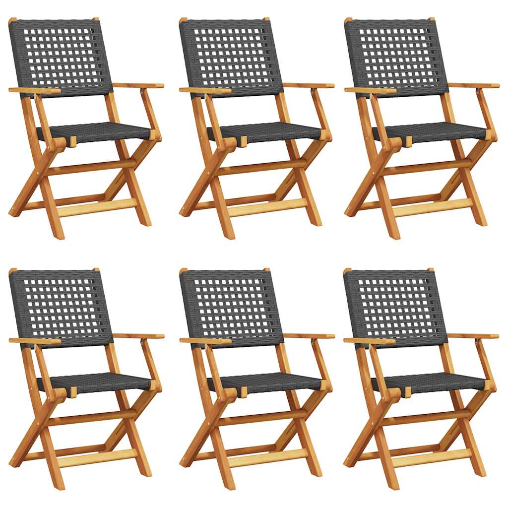 Sedie Giardino Pieghevoli 6 pz Nere Polyrattan e Legno Massello