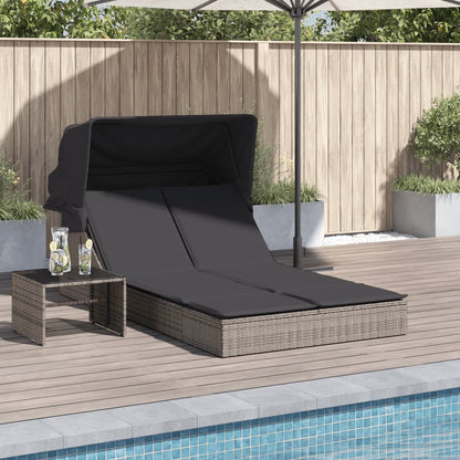 Lettino Doppio con Baldacchino e Cuscini Grigio in Polyrattan - homemem39