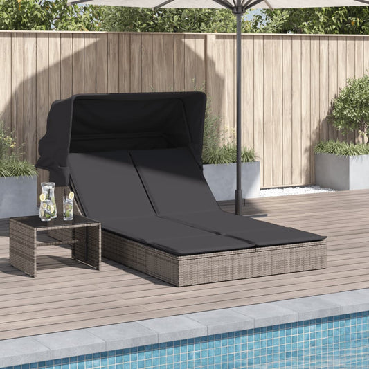 Lettino Doppio con Baldacchino e Cuscini Grigio in Polyrattan - homemem39