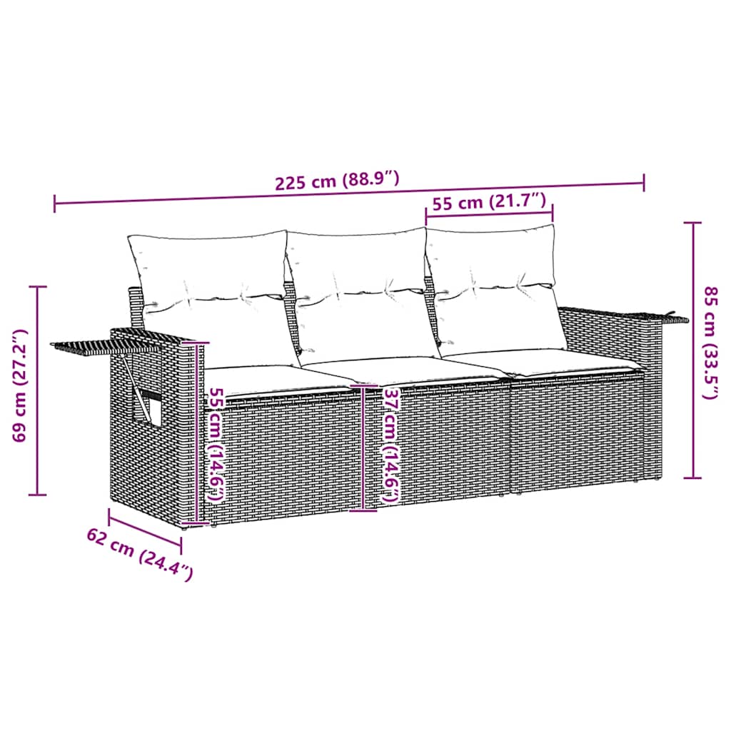 Set Divano da Giardino 3 pz con Cuscini Marrone in Polyrattan | homemem39