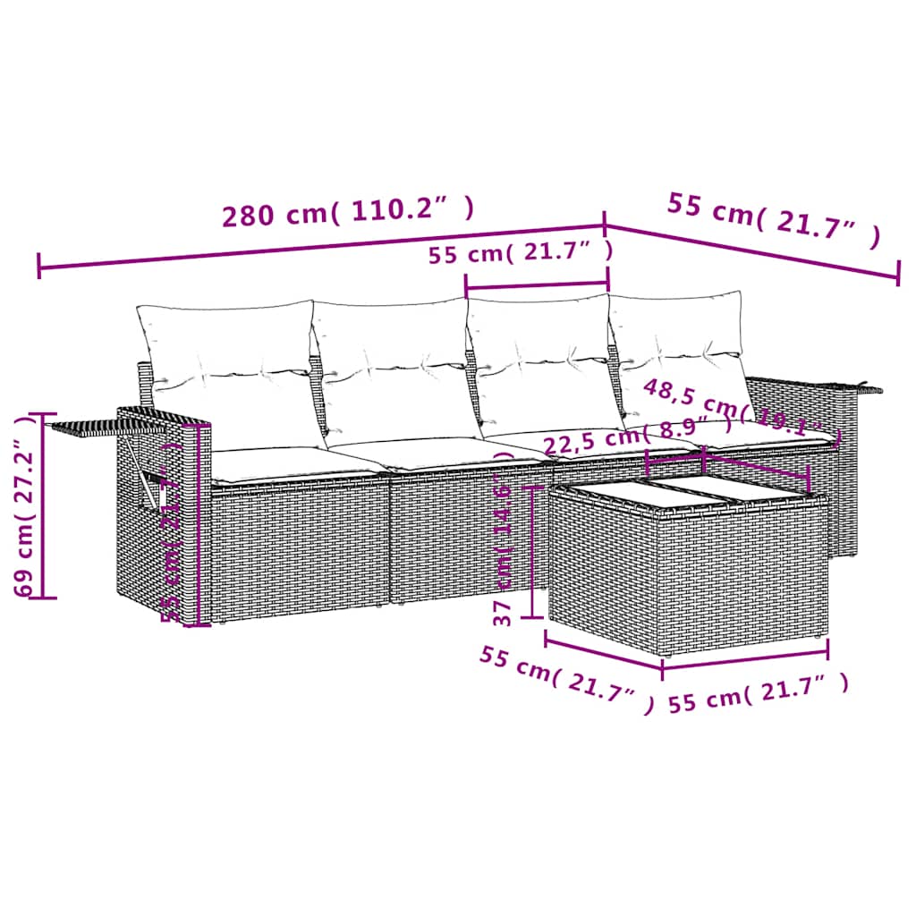 Set Divano da Giardino 5pz con Cuscini Grigio Chiaro Polyrattan | homemem39