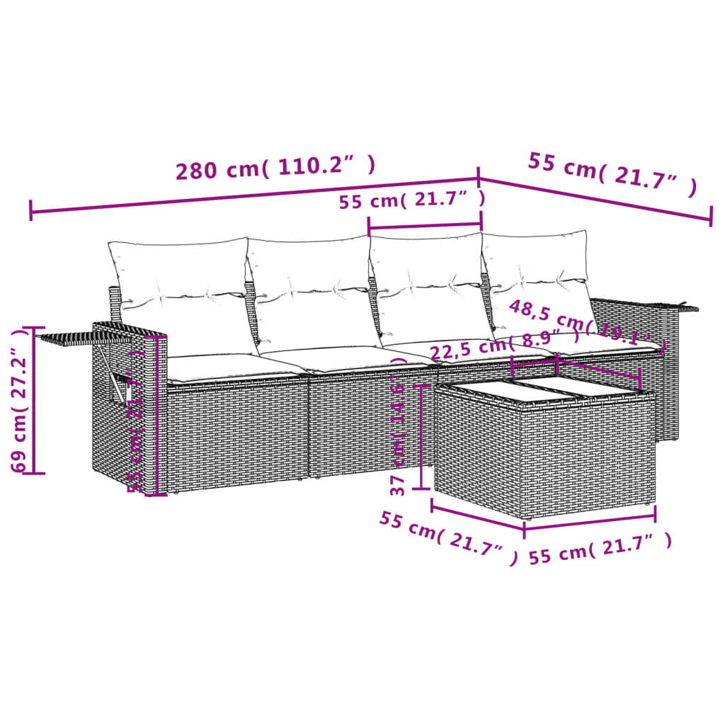 Set Divano da Giardino 5 pz con Cuscini Marrone in Polyrattan | homemem39
