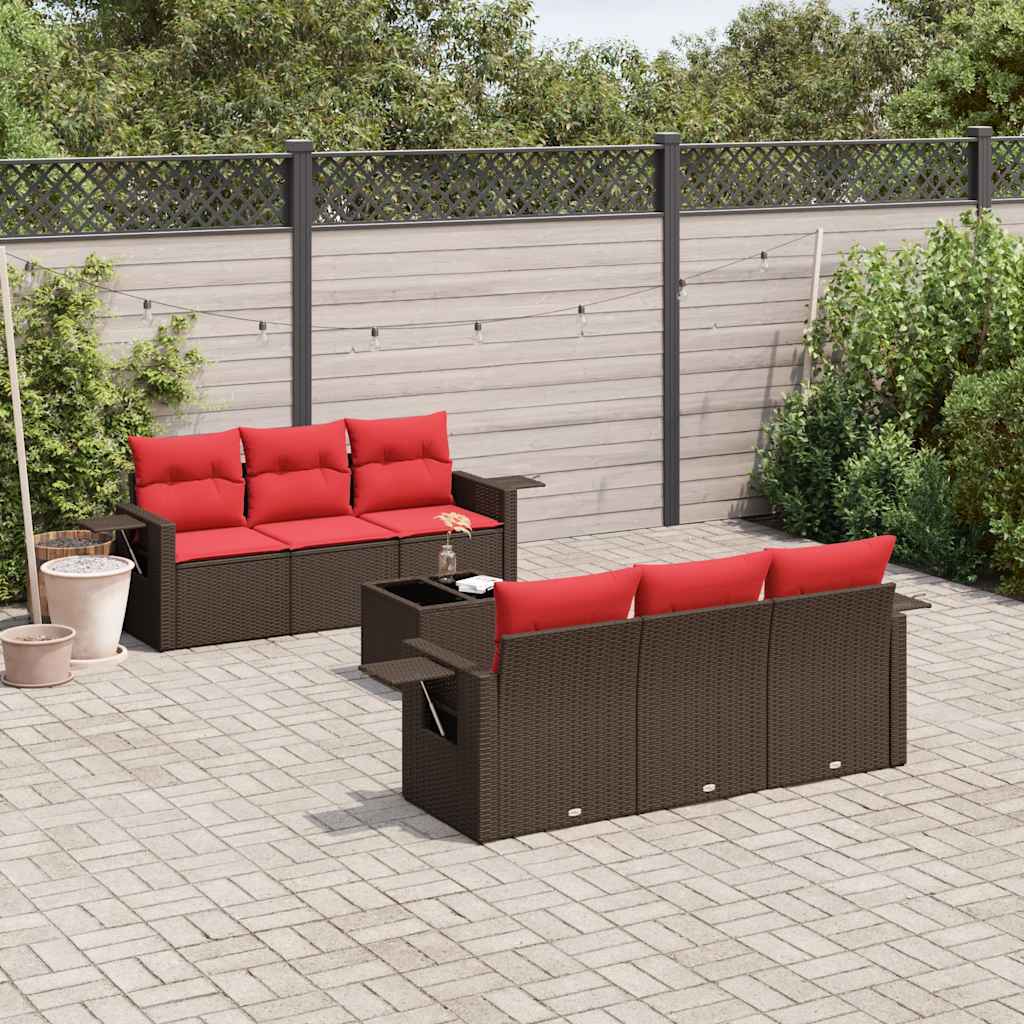 Set Divani da Giardino 7 pz con Cuscini Marrone in Polyrattan