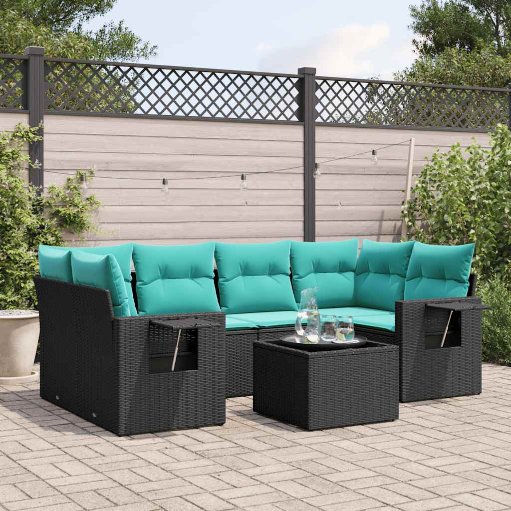 Set Divani da Giardino 7 pz con Cuscini Nero in Polyrattan
