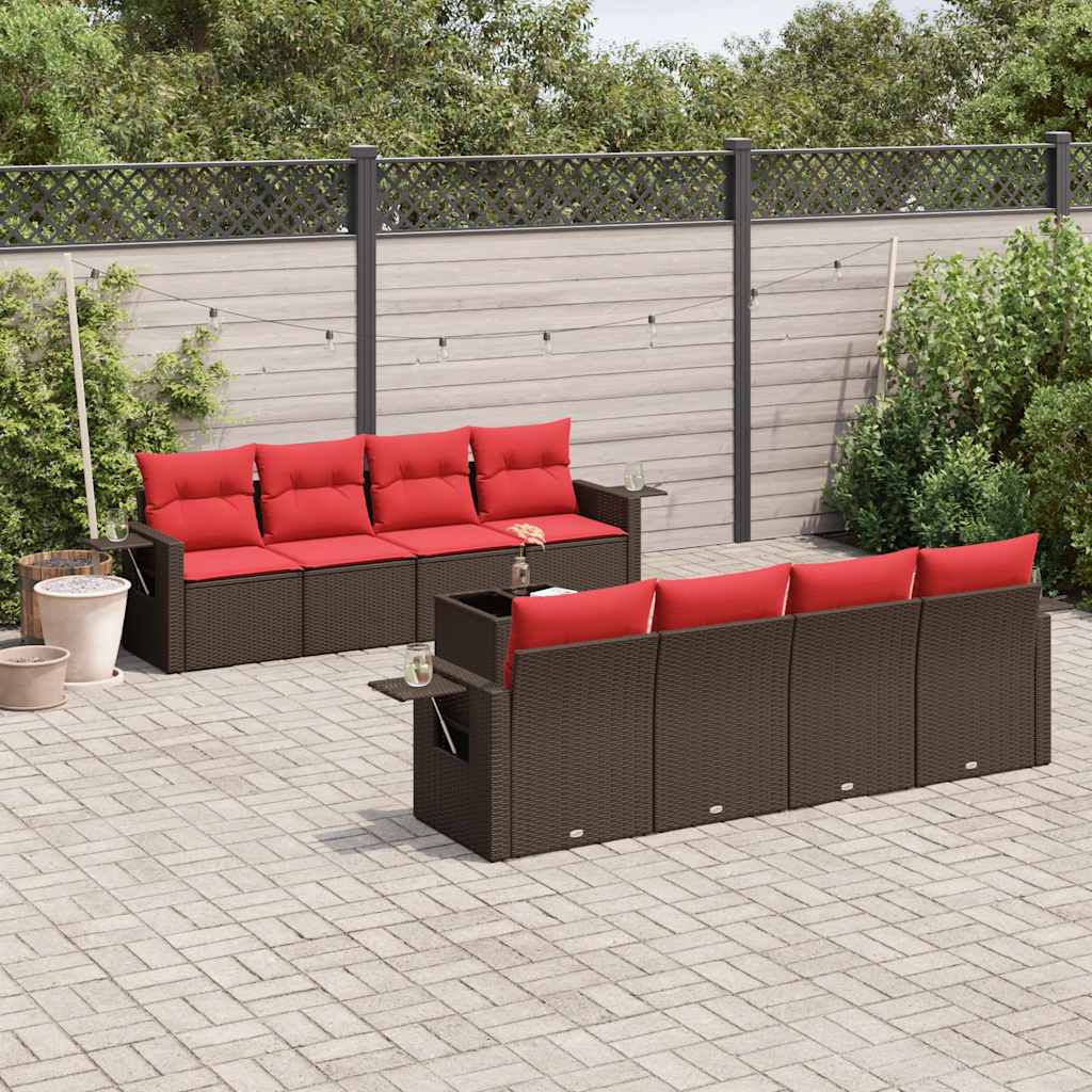Set Divani da Giardino 9 pz con Cuscini Marrone in Polyrattan | homemem39