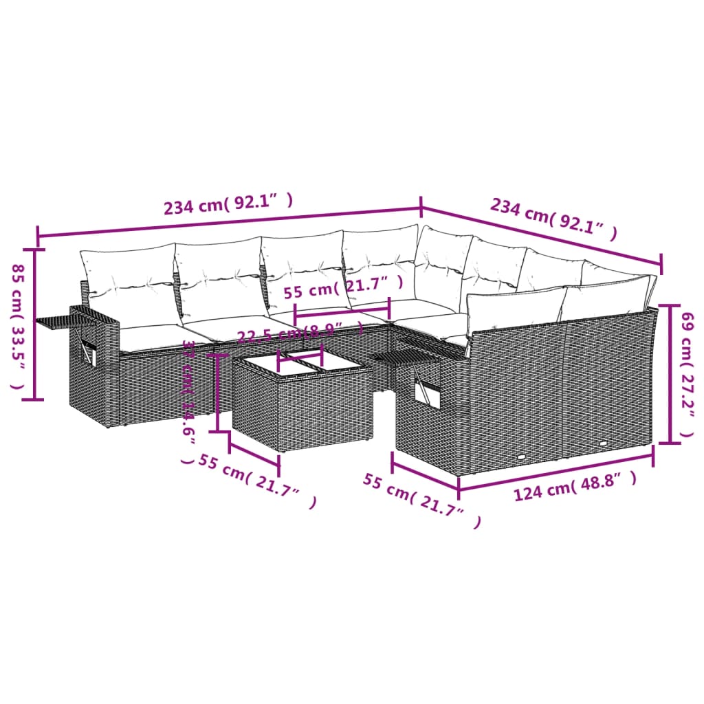 Set Divani da Giardino 9 pz con Cuscini Nero in Polyrattan | homemem39