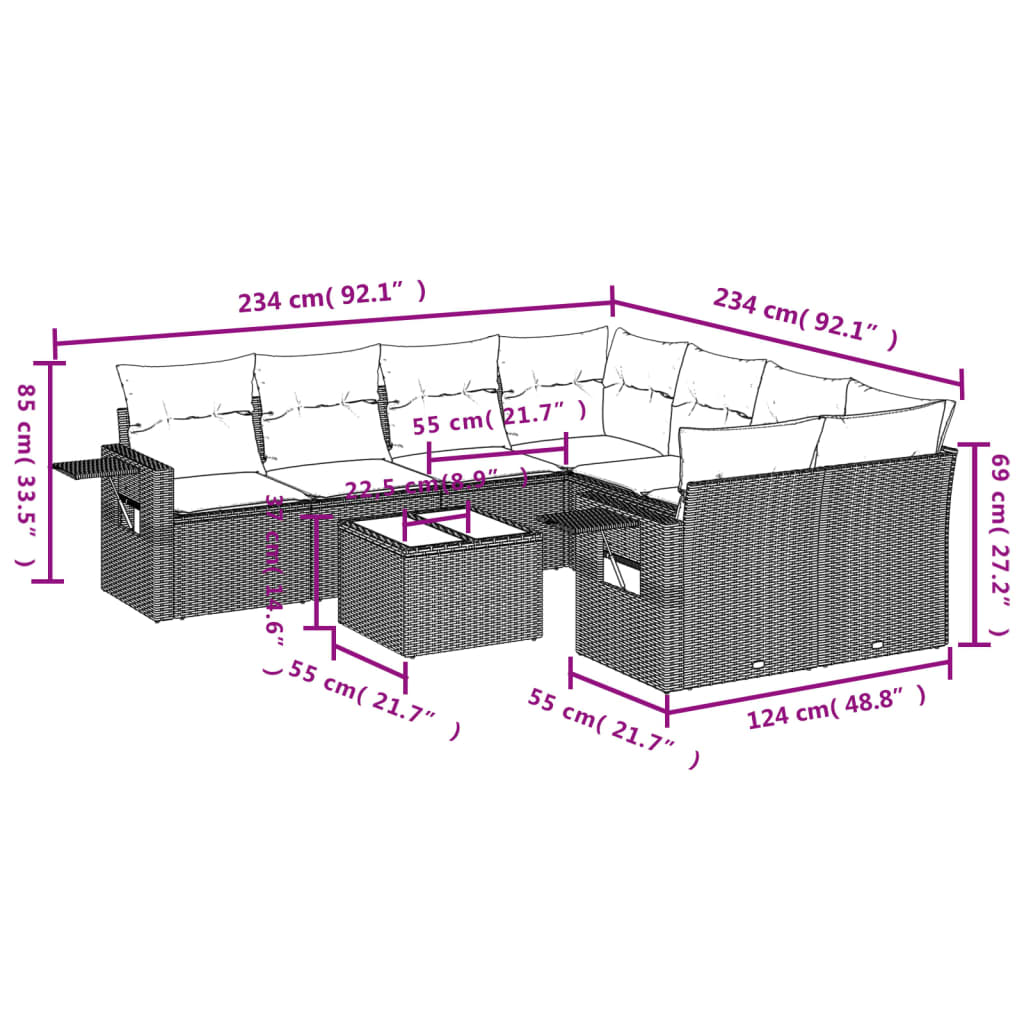 Set Divani da Giardino 9 pz con Cuscini Nero in Polyrattan | homemem39